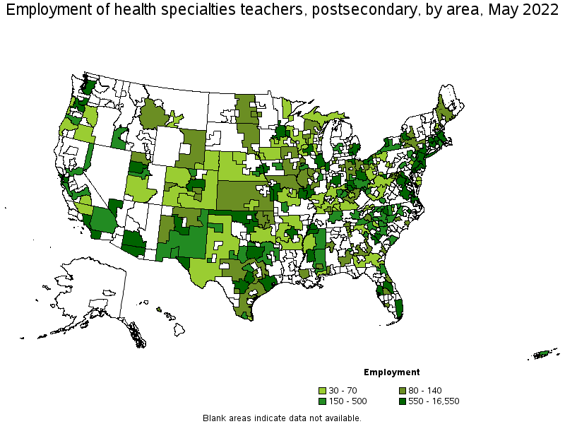 Map of employment of health specialties teachers, postsecondary by area, May 2022