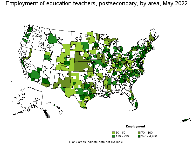 Map of employment of education teachers, postsecondary by area, May 2022