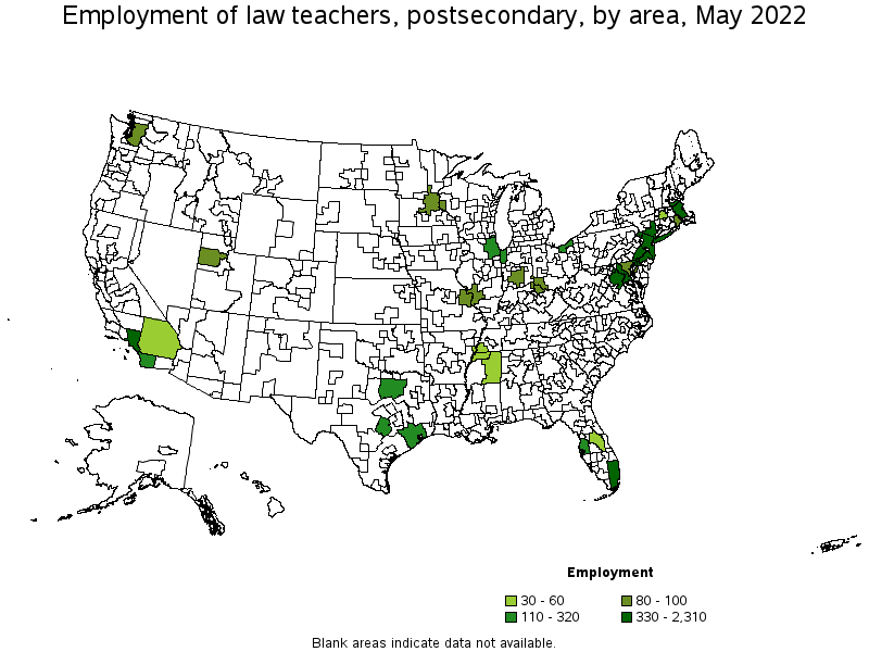 Map of employment of law teachers, postsecondary by area, May 2022