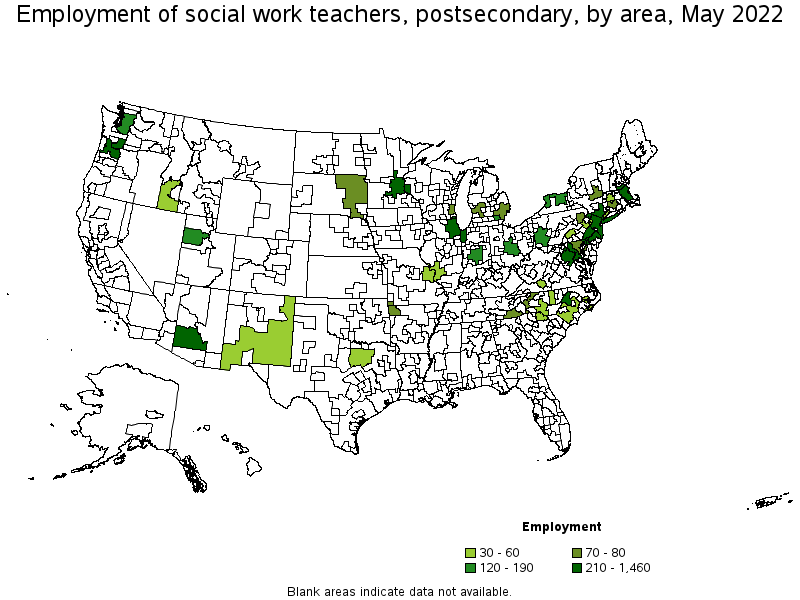 Map of employment of social work teachers, postsecondary by area, May 2022