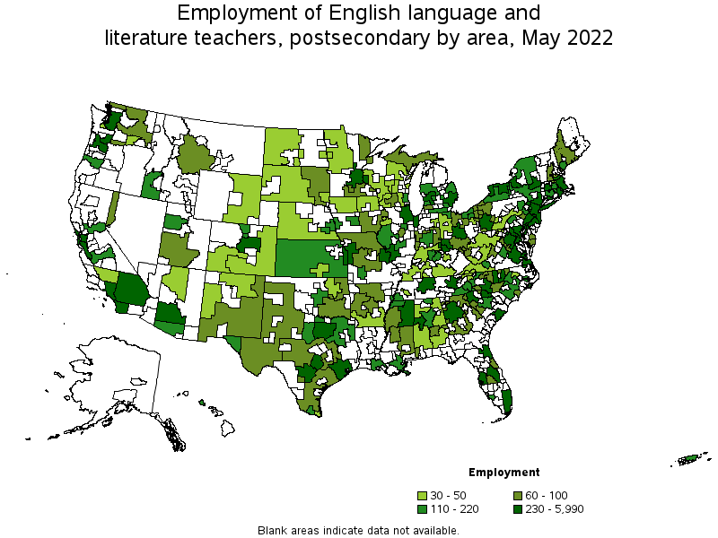 Map of employment of english language and literature teachers, postsecondary by area, May 2022