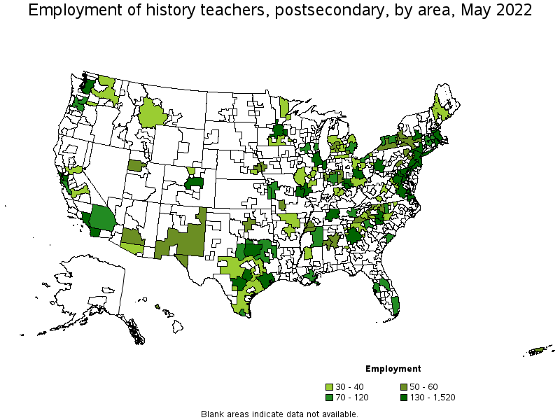 Map of employment of history teachers, postsecondary by area, May 2022