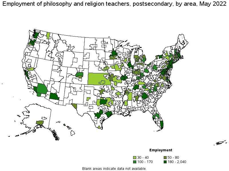 Map of employment of philosophy and religion teachers, postsecondary by area, May 2022