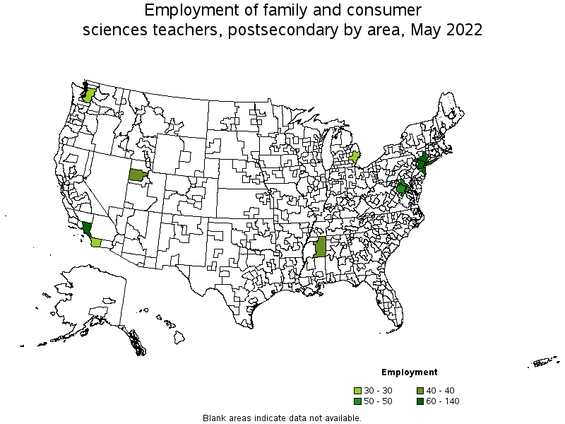 Map of employment of family and consumer sciences teachers, postsecondary by area, May 2022