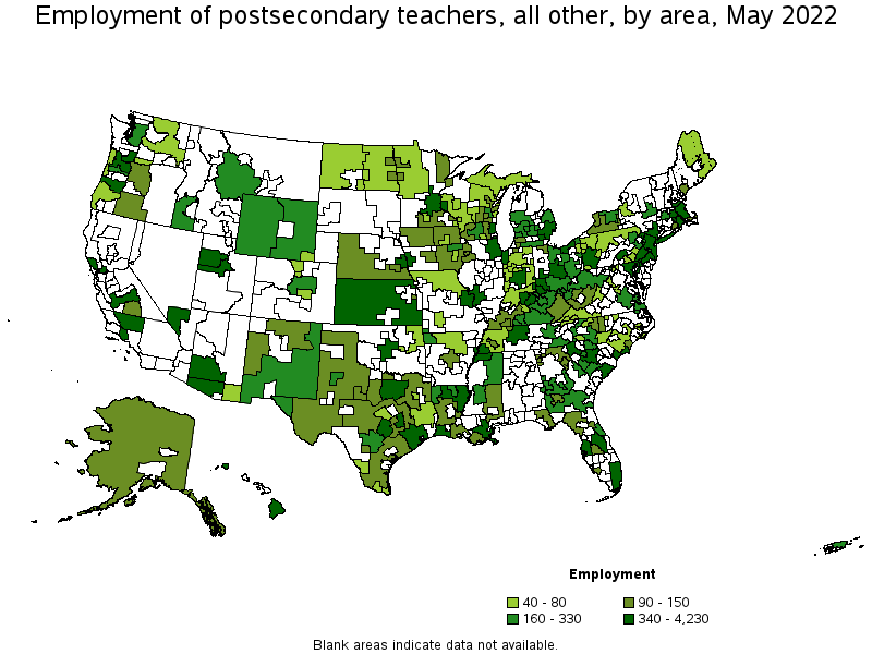 Map of employment of postsecondary teachers, all other by area, May 2022