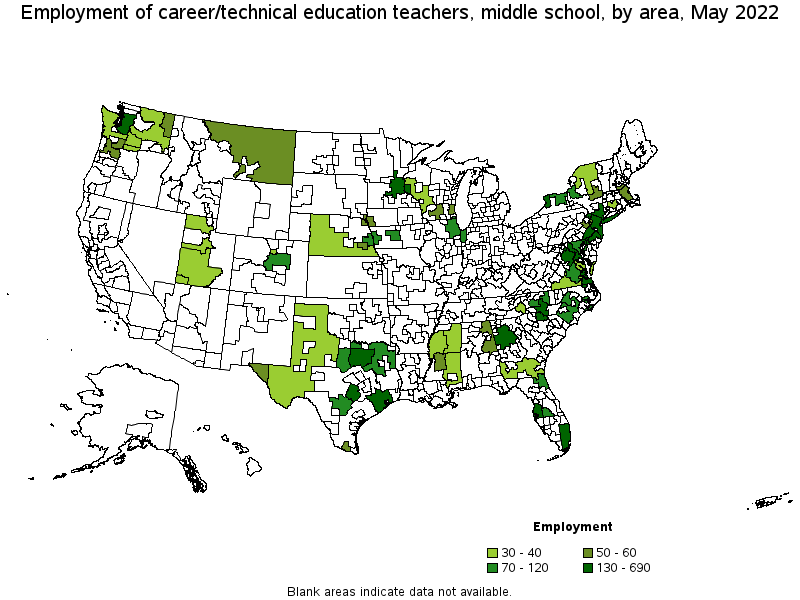 Map of employment of career/technical education teachers, middle school by area, May 2022