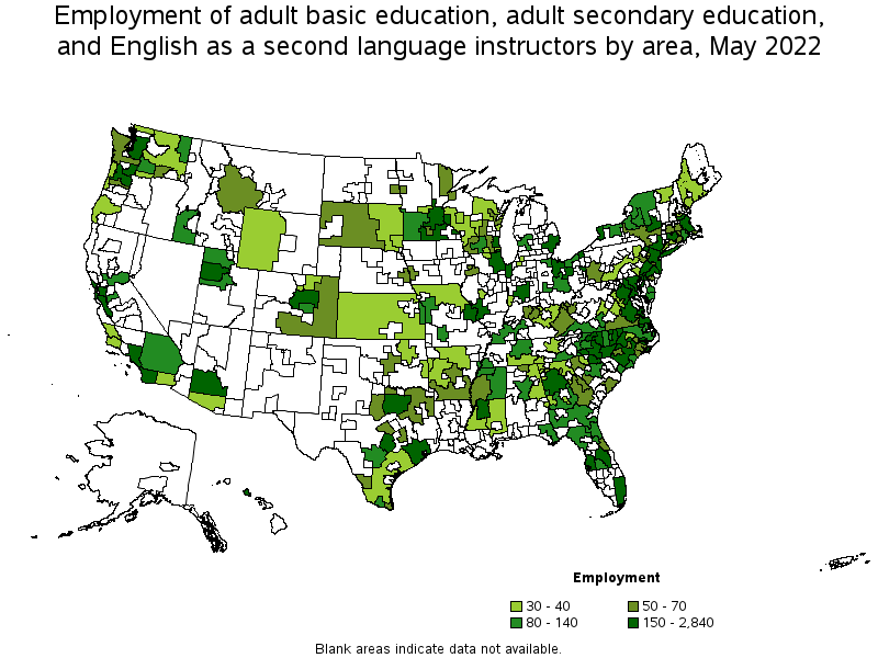 Map of employment of adult basic education, adult secondary education, and english as a second language instructors by area, May 2022