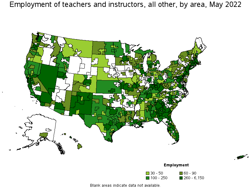 Map of employment of teachers and instructors, all other by area, May 2022