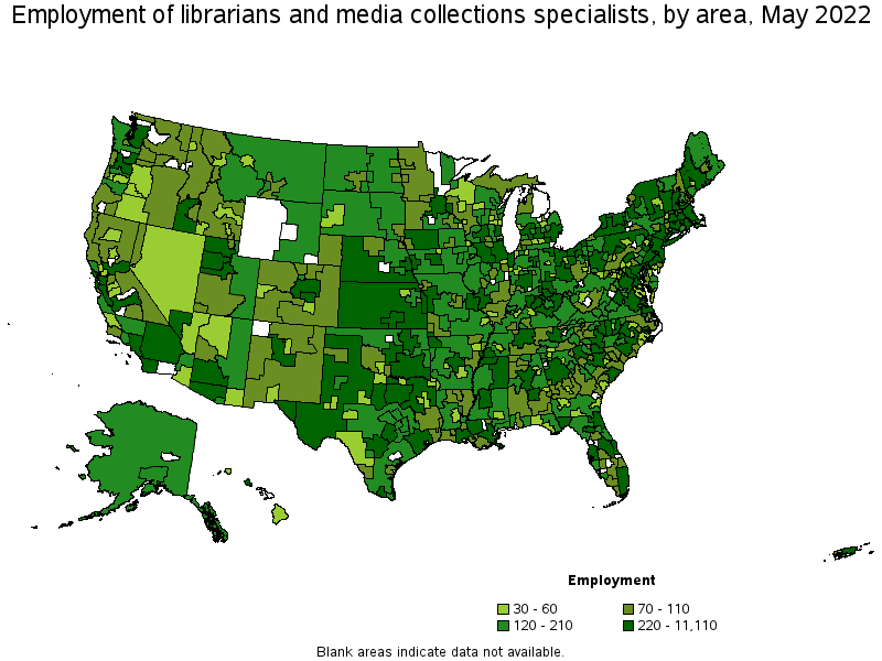 Map of employment of librarians and media collections specialists by area, May 2022