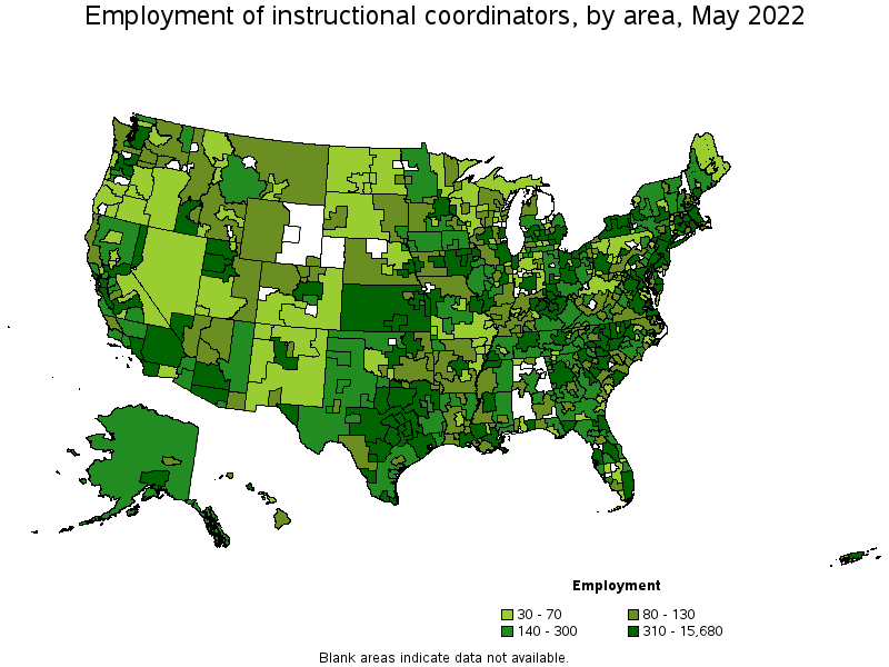 Map of employment of instructional coordinators by area, May 2022