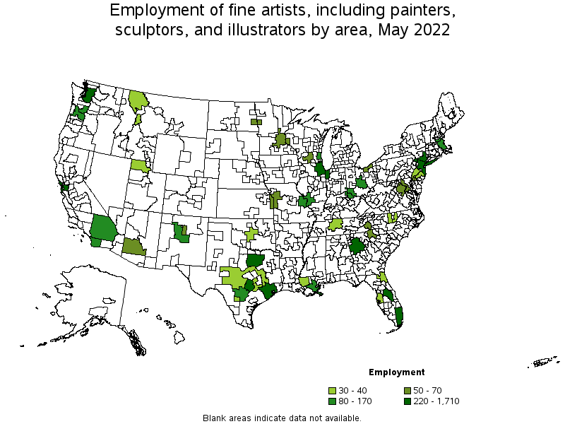 Map of employment of fine artists, including painters, sculptors, and illustrators by area, May 2022