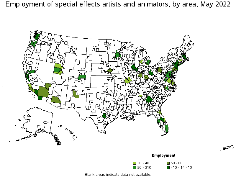 Map of employment of special effects artists and animators by area, May 2022