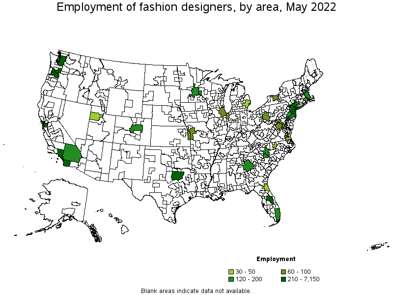 Map of employment of fashion designers by area, May 2022