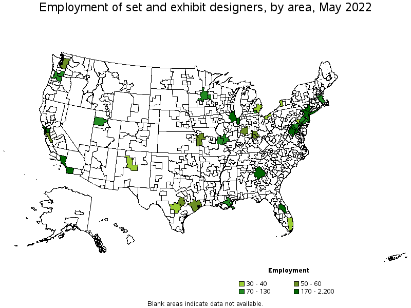 Map of employment of set and exhibit designers by area, May 2022