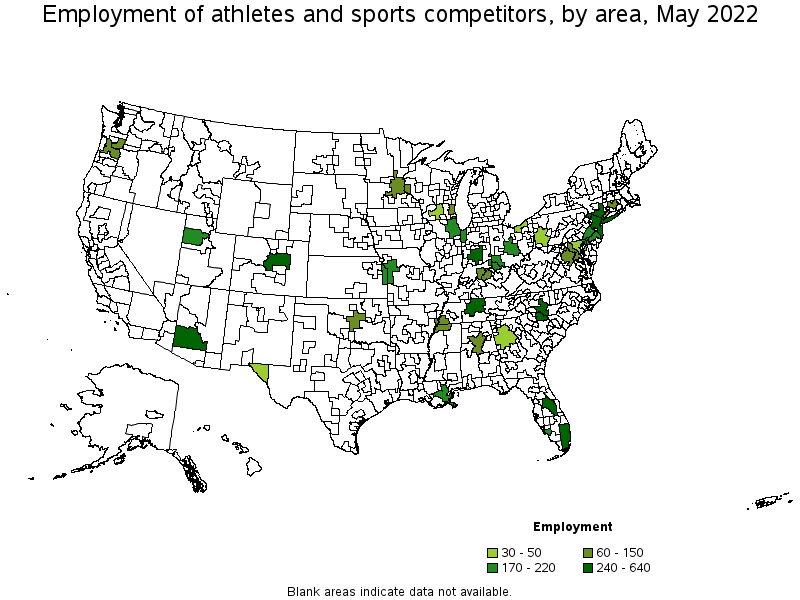 Map of employment of athletes and sports competitors by area, May 2022