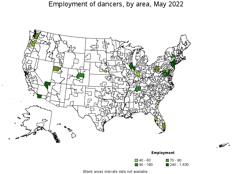 Map of employment of dancers by area, May 2022