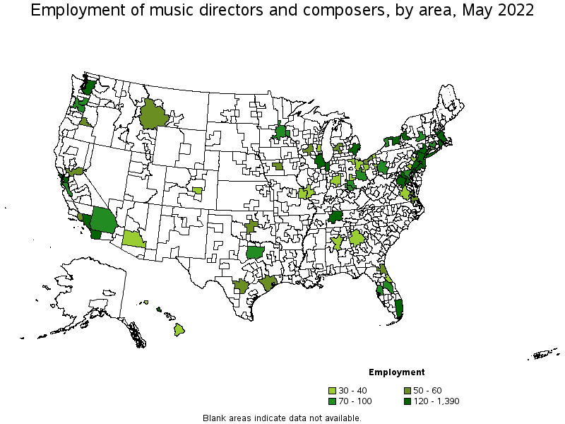 Map of employment of music directors and composers by area, May 2022