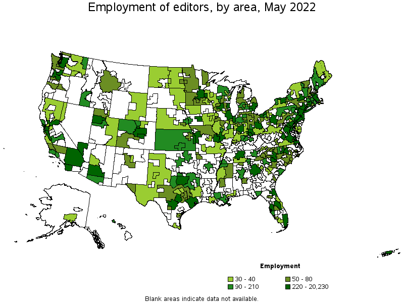 Map of employment of editors by area, May 2022