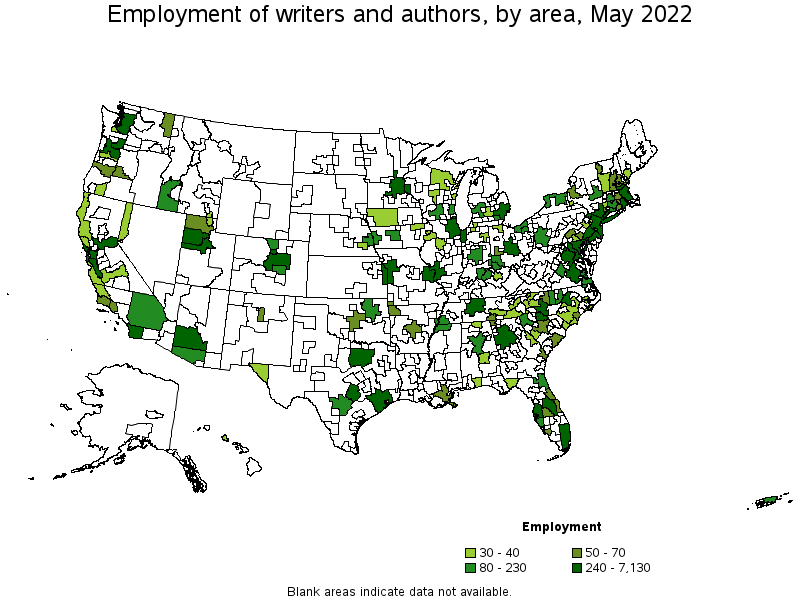 Map of employment of writers and authors by area, May 2022