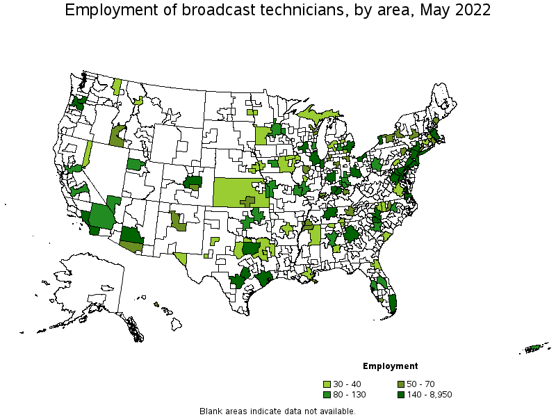 Map of employment of broadcast technicians by area, May 2022