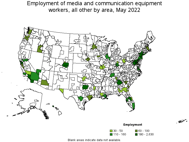 Map of employment of media and communication equipment workers, all other by area, May 2022