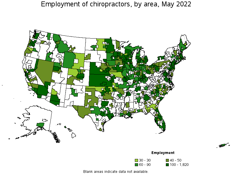 Map of employment of chiropractors by area, May 2022