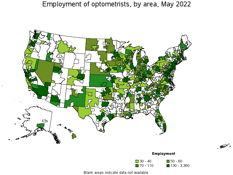 Map of employment of optometrists by area, May 2022
