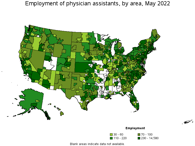 Map of employment of physician assistants by area, May 2022