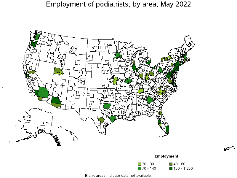 Map of employment of podiatrists by area, May 2022