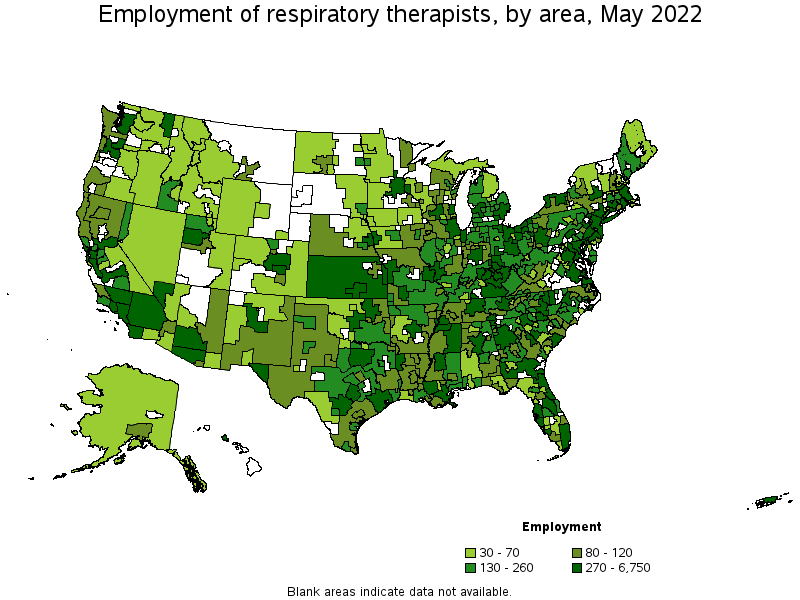 Map of employment of respiratory therapists by area, May 2022