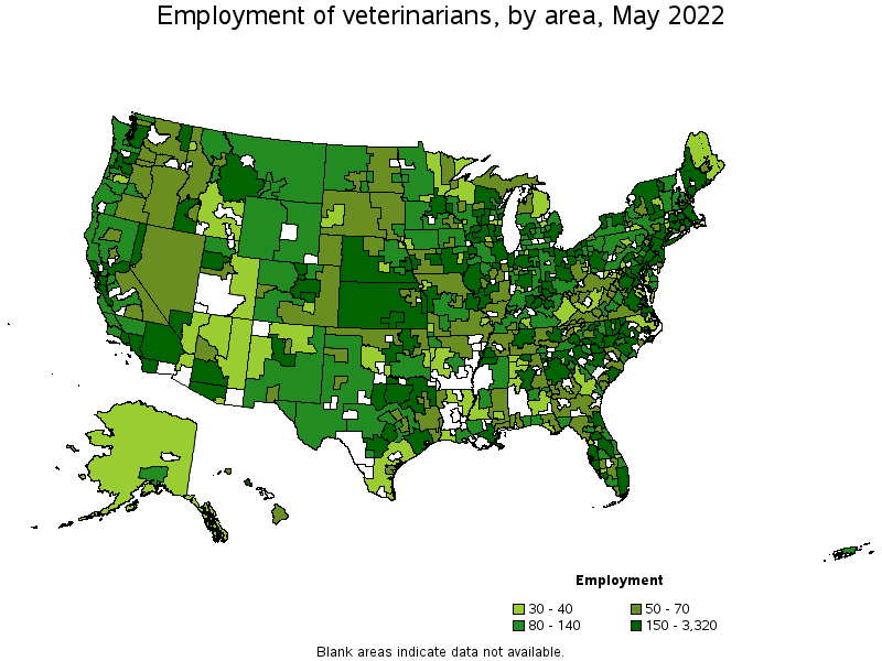 Map of employment of veterinarians by area, May 2022