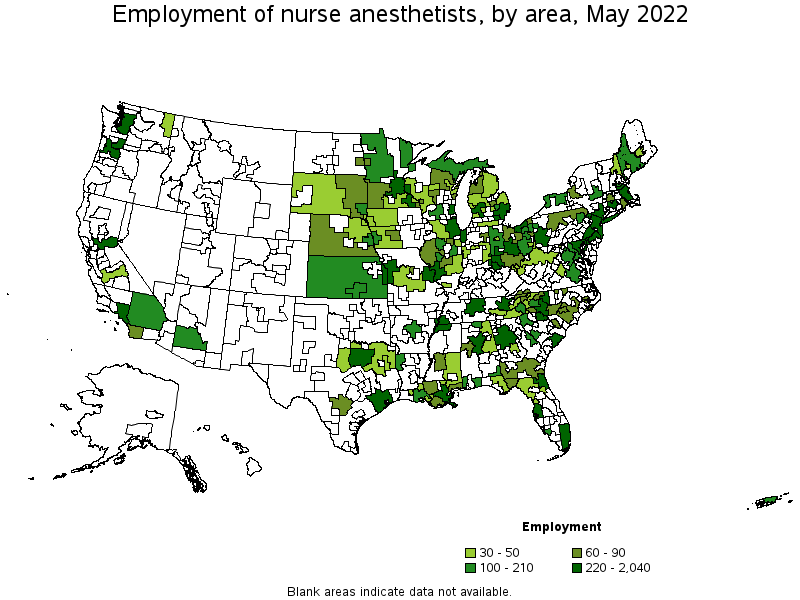 Map of employment of nurse anesthetists by area, May 2022
