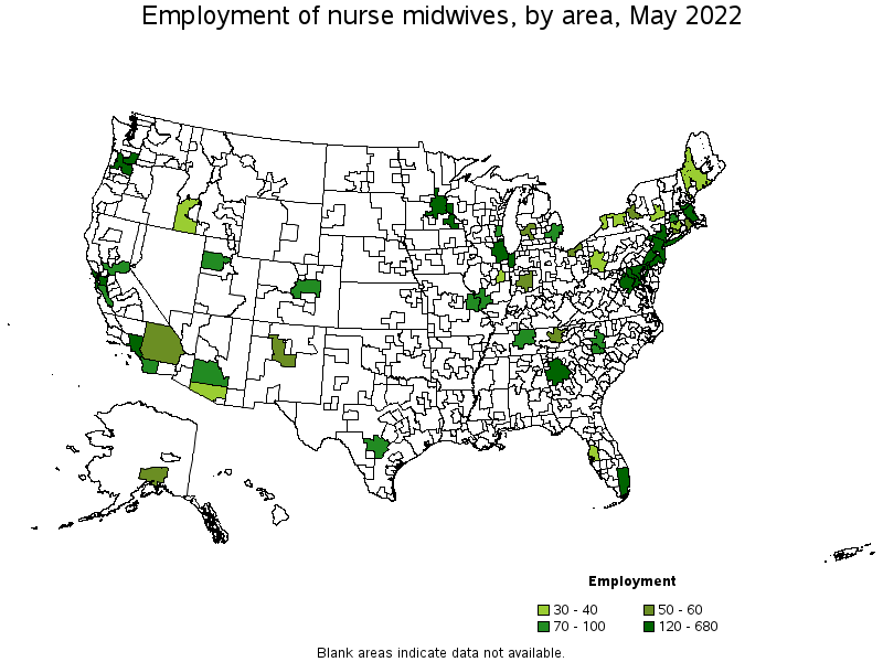 Map of employment of nurse midwives by area, May 2022