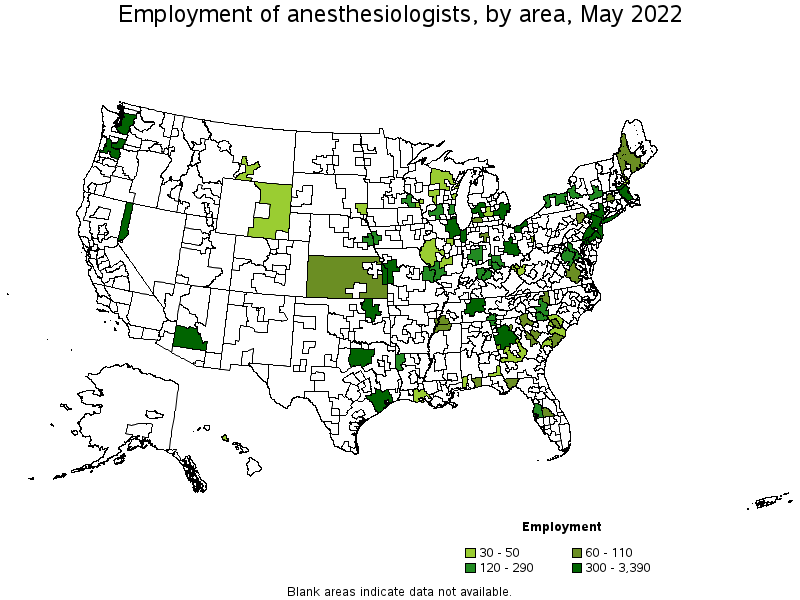Map of employment of anesthesiologists by area, May 2022