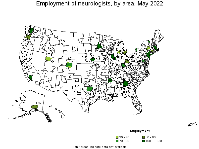 Map of employment of neurologists by area, May 2022