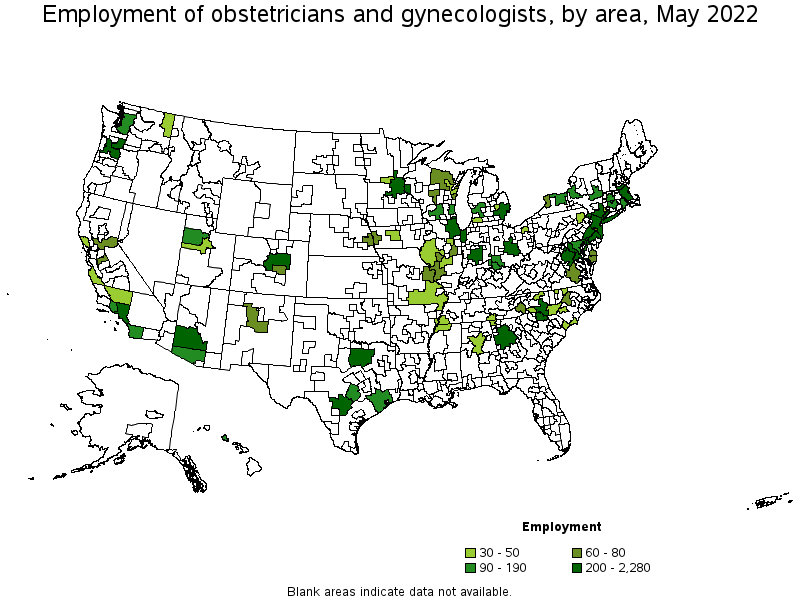 Map of employment of obstetricians and gynecologists by area, May 2022