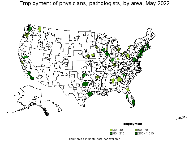 Map of employment of physicians, pathologists by area, May 2022