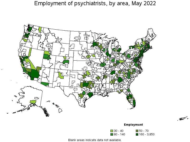 Map of employment of psychiatrists by area, May 2022