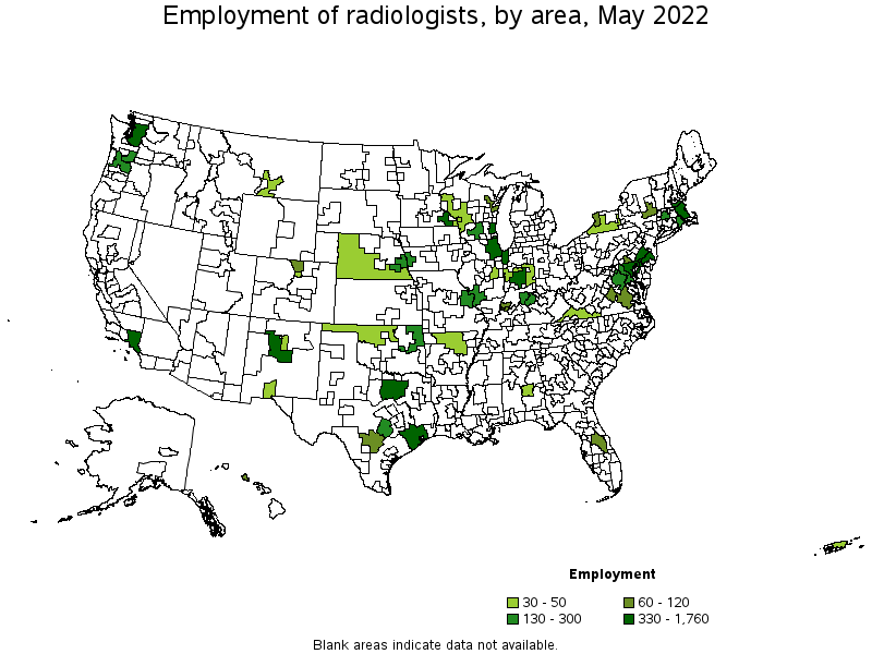 Map of employment of radiologists by area, May 2022