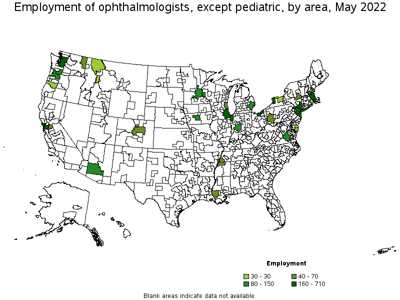 Map of employment of ophthalmologists, except pediatric by area, May 2022