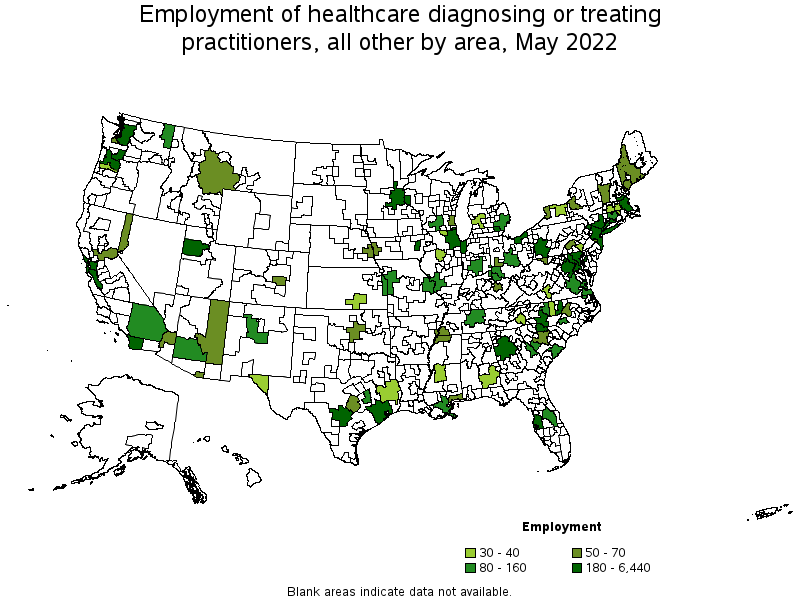 Map of employment of healthcare diagnosing or treating practitioners, all other by area, May 2022