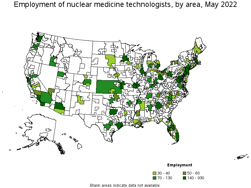 Map of employment of nuclear medicine technologists by area, May 2022