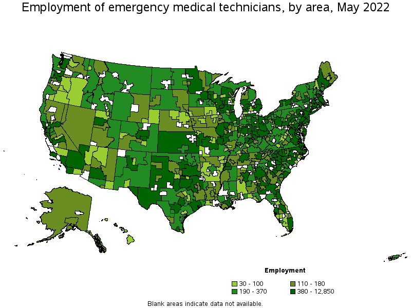 Map of employment of emergency medical technicians by area, May 2022