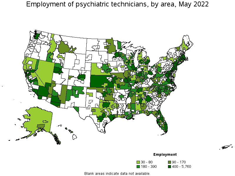 Map of employment of psychiatric technicians by area, May 2022