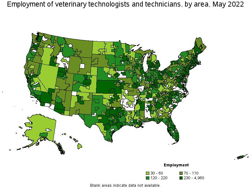 Map of employment of veterinary technologists and technicians by area, May 2022