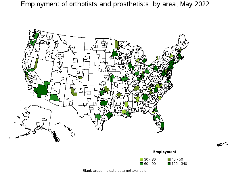 Map of employment of orthotists and prosthetists by area, May 2022