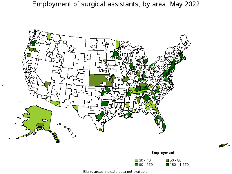 Map of employment of surgical assistants by area, May 2022