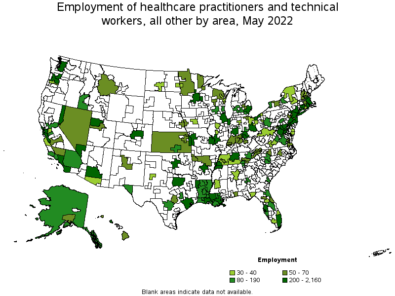 Map of employment of healthcare practitioners and technical workers, all other by area, May 2022