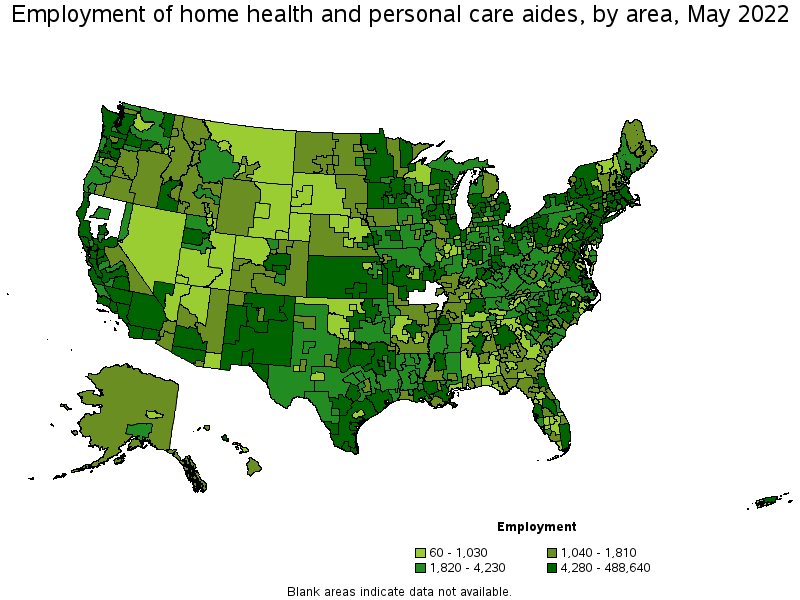 Map of employment of home health and personal care aides by area, May 2022