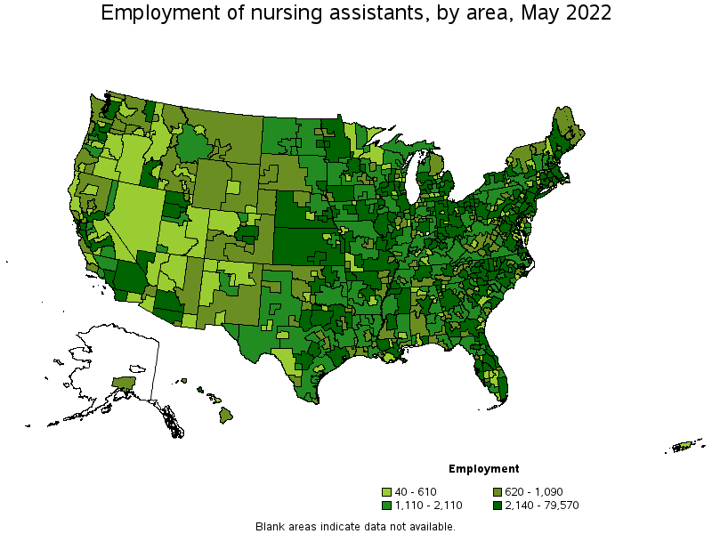 Map of employment of nursing assistants by area, May 2022